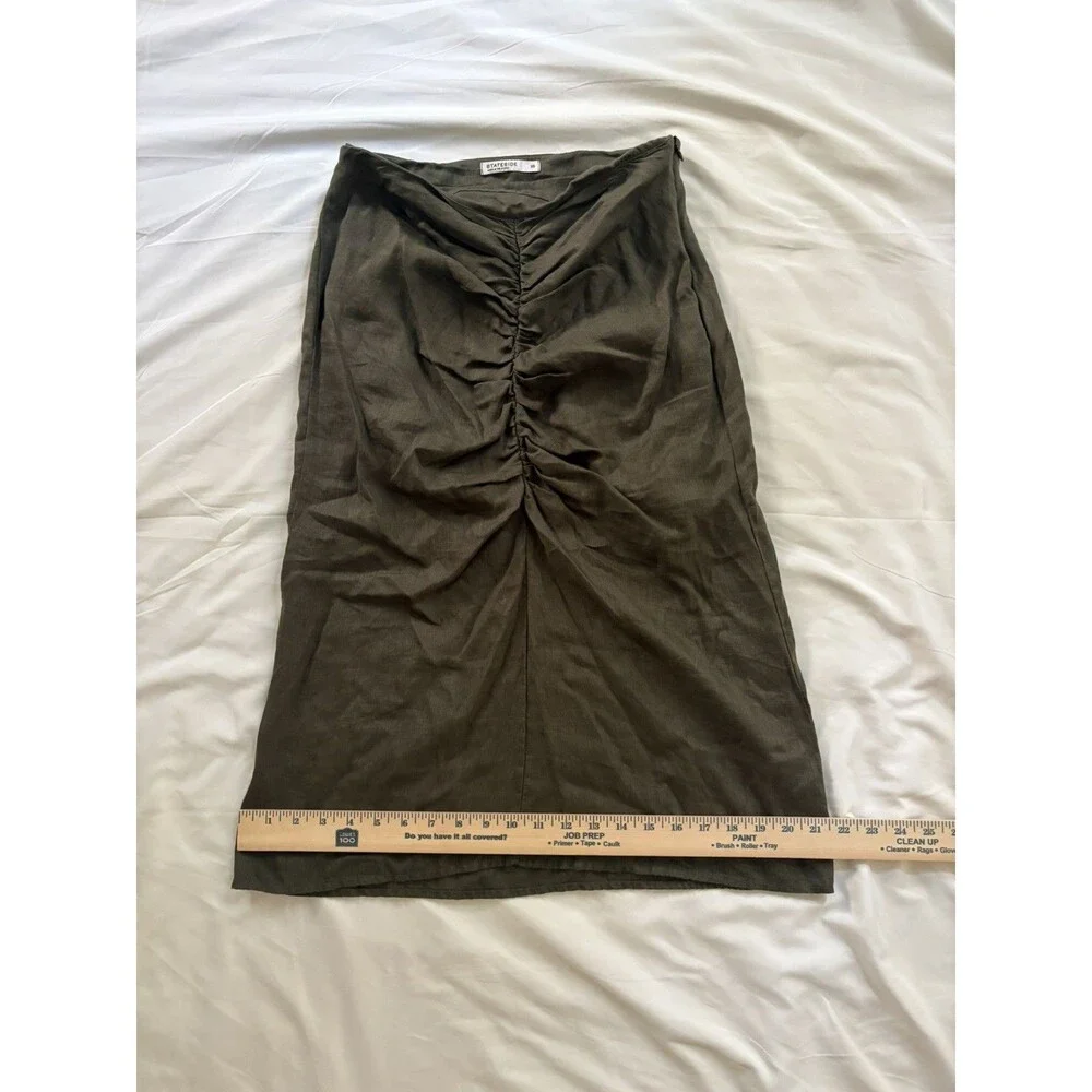 Stateside Linen Ruched Front Slit Skirt in Army Green Knee Length Size US XS
